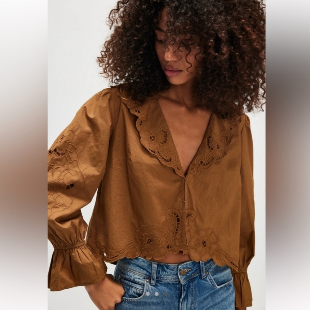 FREE PEOPLE Maesie Vintage Inspired Cutwork Boho Top In Rare Tobacco NEW